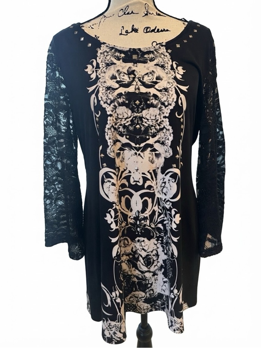 Style & Co. Black and White Lace-Sleeve Floral Baroque Dress
